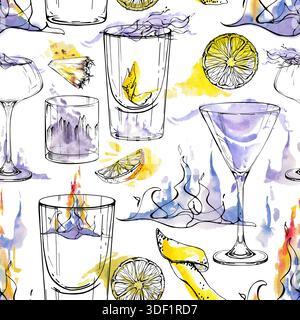 Wodka, Tequila oder Gin Flammen in Shot Gläsern, Aviation Cocktail und Zitronensaft und Scheiben garnieren. Hand mit leichtem Aquarell und nahtlosem Tintenmuster Stockfoto