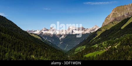 Panoramablick auf die schneebedeckten Berge und das üppige grüne Tal. Stockfoto