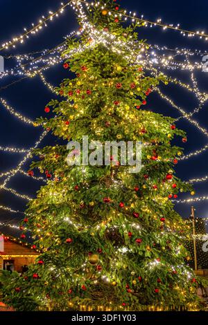 Ein wunderschön geschmückter Weihnachtsbaum auf einem Markt für die festliche Adventszeit in Genf, Schweiz, mit Feenlichtern Stockfoto