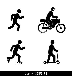 Ein Satz schwarzer Silhouettenvektorsymbole, die verschiedene individuelle Sportaktivitäten und Transportmodi darstellen. Umfasst Laufen, Motorradfahren, Rollen Stock Vektor