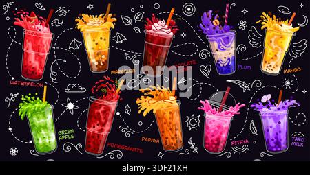 Teegläser mit Milchblase in Zeichentrickfilmen mit hellen Spritzern und Früchten. Vektorset mit lebendigen Getränken in Aromen wie Wassermelone, Mango, Pflaume und Taro Milch, Maracuja, pitaya, Papaya oder Granatapfel, Schokolade Stock Vektor