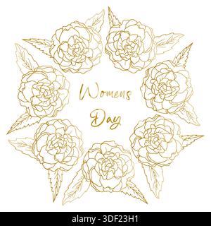Goldener Blumenkranz mit einem Platz für Glückwünsche. Eleganter runder Pfingstrosen-Blumenrahmen für Muttertag, Internationalen Frauentag und Hochzeitsmotive. Rosenkranz, festliches Konzept Stock Vektor