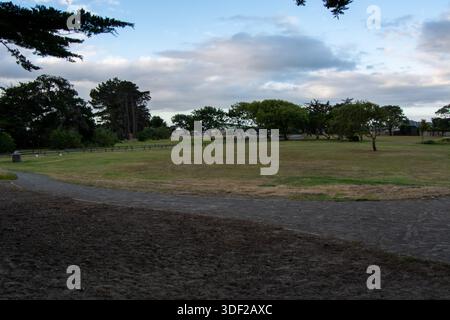 Eine ruhige Parklandschaft mit einer grasbewachsenen Fläche mit verstreuten Bäumen unter bewölktem Himmel. Ein gewundener Pfad führt durch den Park und lädt Besucher zum e ein Stockfoto