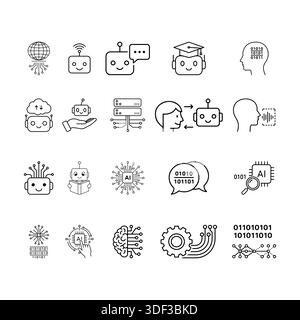 Symbolgruppe künstliche Intelligenz und Robotertechnologie. Chatbot, Machine Learning und Digital Brain Concepts. Stock Vektor