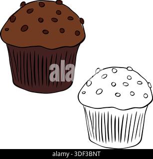 Muffins mit Schokoladenbelag. Isolierte handgezeichnete Abbildung. Vektor Grafik Linie Tinte farbige Kunst. Hintergrund für Banner, Druck für Stoff, Etikett Stock Vektor