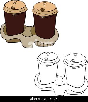 Niedliche Pappbecher Kaffee zum Mitnehmen isolierte Illustration. Farbige Grafik mit grafischer Vektorlinie. Silhouettenzeichen für Logo, Druck, Comics, Mode, Pop Art, boa Stock Vektor