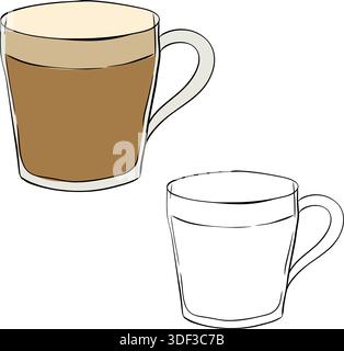 Tasse Kaffee mit Latte isolierte Illustration. Farbige Grafik mit grafischer Vektorlinie. Silhouettenzeichen für Logo, Druck, Comics, Mode, Pop Art, Platinen Stock Vektor