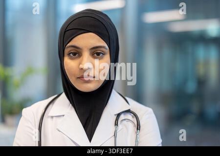 Muslimische Ärztin trägt einen schwarzen Hijab und weißen Labormantel, steht selbstbewusst in einem Klinikflur und vertritt Fachwissen, Gesundheitswesen und Mediziner Stockfoto