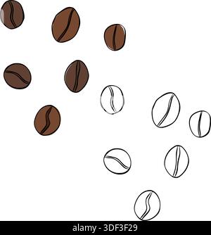 Symbolsatz für Kaffeebohne. Isolierte handgezeichnete Abbildung. Farbige Grafik mit grafischer Vektorlinie. Banner, Poster, Geschenkpapier, Aufkleber, Druck, moderne Küche Stock Vektor