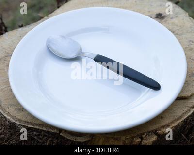 Weißer Teller mit Löffel auf einem Holzstumpf im Freien, präsentiert als minimaler Tisch mit Kopierraum. Stockfoto