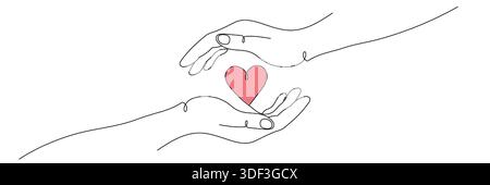 Vektorillustration im Linienart-Stil: Zwei Hände, die ein Herz halten. Bearbeitbare Zeile. Stock Vektor