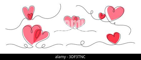 Einzeiliges Set mit Herzmuscheln und rosa Formen Stock Vektor