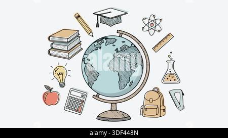 Handgezeichnete Bildungs-Symbole umkreisen einen zentralen Globus, einschließlich Symbole für Wissenschaft, Mathematik und Abschluss auf einem klaren Hintergrund. Stock Vektor