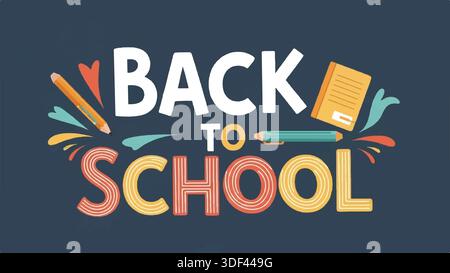 Farbenfrohes typografisches Banner „Back to School“ mit flachen Illustrationen von Bleistiften, Notizbüchern und kreativen Farbspritzern. Stock Vektor