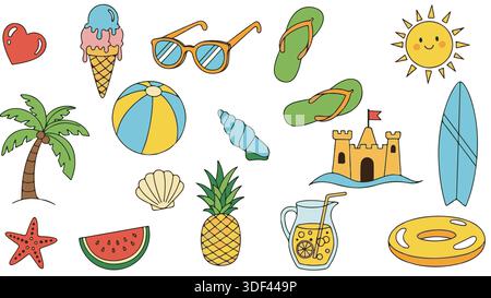 Handgezeichnetes Sommerurlaub-Doodle-Set mit Strandsymbolen wie Sonne, Surfbrett, Sandburg und tropischen Früchten. Stock Vektor