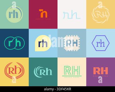 Firmenvorlage mit Logo rechts. Buchstaben r und h Logotype. Setzen Sie mit Designelementen verschiedene klassische Serifenschriftarten und modernen, auffälligen Text. Anfängliche Schriftart Stock Vektor