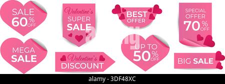 Vektorsatz mit Stickervorlagen für Einkäufe, Verkäufe und Sonderangebote zum Valentinstag. Stock Vektor