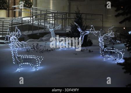 Weihnachtliche Lichter in Form von Hirschen im Schnee am Eingangsgebäude Stockfoto