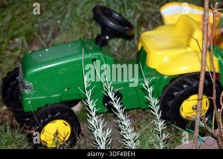 Verwitterter grüner und gelber Aufsitzspielzeugtraktor in Garteneinstellung Stockfoto
