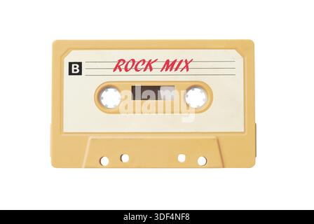 Kompakte Vintage-Audiokassette mit einer Zusammenstellung von Rocksongs, isoliert auf weißem Hintergrund, Hard-Rock-Mix Stockfoto