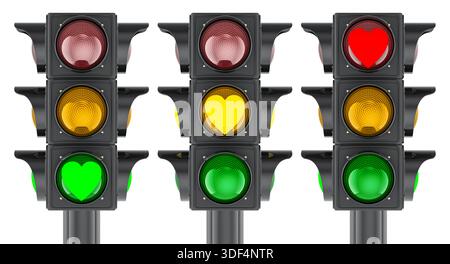 Drei Ampeln mit herzförmigen roten, gelben und grünen Signalen. 3D-Rendering isoliert auf weißem Hintergrund Stockfoto