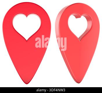 Rotes Herzpositionssymbol, Symbol für die Lieblingskarte. 3D-Rendering isoliert auf weißem Hintergrund Stockfoto