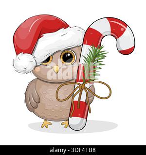 Niedliche Karikatur-Eule mit Weihnachtsmütze und Zuckerrohr. Neujahrsvektor-Illustration von tierischen und süßen Lebensmitteln auf weißem Hintergrund. Stock Vektor