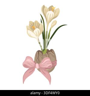 Handgezeichnete Frühlingsblume aus zerrissener Eierschale mit Schleife, Ostergrußkarte oder saisonales Dekor Stock Vektor