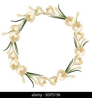 Handgezeichneter Blumenkranz aus Krokusblüten, Brötchen und Blättern, Frühlingsbotanische Komposition Stock Vektor