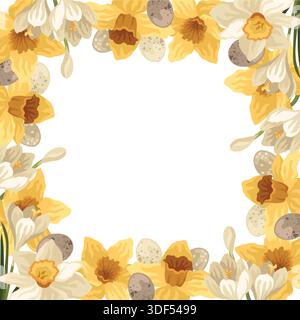 Handgezeichneter floraler Osterrahmen aus Narzissen- und Krokusblüten und Vogeleiern, botanische Frühlingsvorlage Stock Vektor
