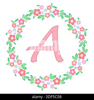 Blumenkranz aus rosa Blumen und Buchstabe A Stock Vektor