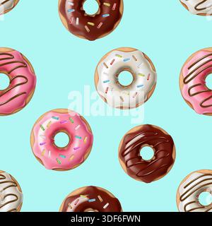 Realistische Vektordarstellung. Bunte Donuts mit Schokoladenglasur und Streuseln. Stock Vektor