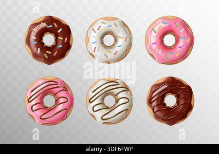 Realistische Vektorsymbole. Set aus frisch gebackenen, bunt glasierten Donuts in Schokolade und Streuseln. Isoliert auf Hintergrund. Stock Vektor
