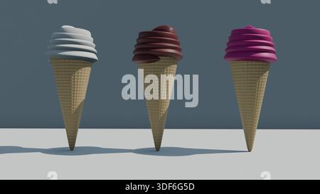3D-Modellierung von Vanille, Schokolade und Kirscheis. Stockfoto