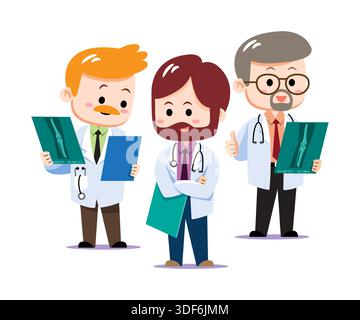 Niedliche Zeichentrickgruppe europäischer Orthopädie-Ärzte in weißen Mänteln mit Röntgenfilmen. Professionelle kaukasische medizinische Team-Vektor-Illustration fo Stock Vektor