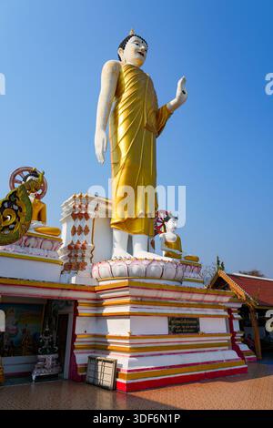 Majestätische stehende goldene Buddha-Statue am Wat Phra That Doi Kham Tempel auf der Bergseite von Chiang Mai, Nordthailand Stockfoto