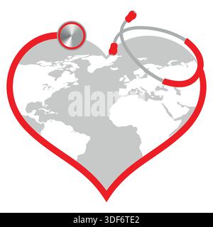 Abbildung eines roten Stethoskops mit Herz und Kugel auf weißem Hintergrund Stock Vektor