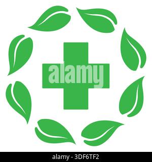 Abbildung des grünen Apothekenlogos. Blätter in einem Kreis mit medizinischem Kreuz auf weißem Hintergrund Stock Vektor