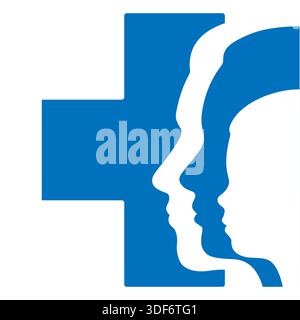 Abbildung des Health Care-Logos. Medizinisches Kreuz mit Familie auf weißem Hintergrund Stock Vektor