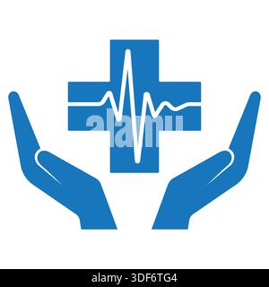 Abbildung des Healthcare-Logos. Hände, die ein medizinisches Kreuz mit einem Puls auf weißem Hintergrund halten. Stock Vektor
