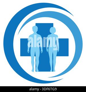 Abbildung des Healthcare-Logos. Menschen in einem Kreis auf dem Hintergrund eines medizinischen Kreuzes. Stock Vektor