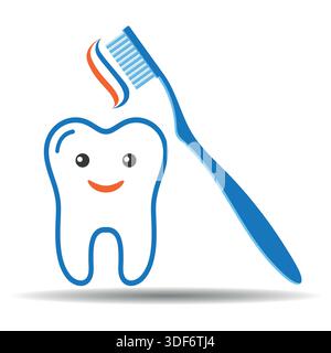 Logo-Illustration der Zahnklinik. Fröhlicher Zahn mit einer Zahnbürste auf weißem Hintergrund Stock Vektor