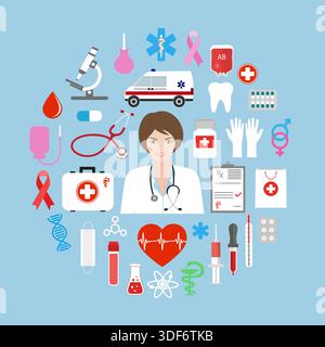 Abstrakte Medizin Hintergrund mit Medizin, Gesundheit, Gesundheitswesen, Arzt, Pillen, Kreuzsymbole. Stock Vektor