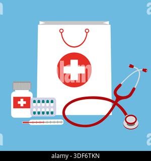 Weiße Einkaufstasche mit verschiedenen medizinischen Pillen und Flaschen und Stethoskop. Gesundheitswesen und Shopping, Apotheke. Stock Vektor