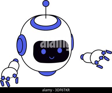 Freundlicher, runder Karikaturroboter mit einem lächelnden Gesicht, blauen Augen und passenden blauen Akzenten auf Kopf, Antenne und Händen. Perfekt für abstrakte Designs, Stock Vektor