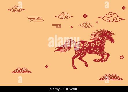 Elegantes Pferd mit Blumenmotiven galoppiert über abstrakten Hintergrund, umgeben von traditionellen Wolken- und Wellenmustern. Ideal für festliche, kul Stock Vektor