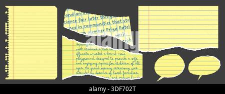 Gelbe zerrissene Notizbuchpapierreste. Elemente aus liniertem Papier mit ungleichmäßigen, gezackten Kanten. Perfekt für Collage, digitales Scrapbooking. Retro-Grunge-STYLE Stock Vektor