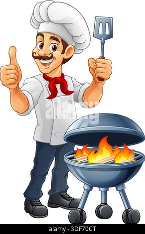 Koch Cartoon Barbecue Cook Man Mascot Charakter Stock Vektor