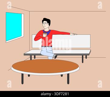 Ein Mann sitzt auf einem runden Tisch in einem Zimmer. Er trägt ein rotes Hemd und eine blaue Krawatte Stock Vektor