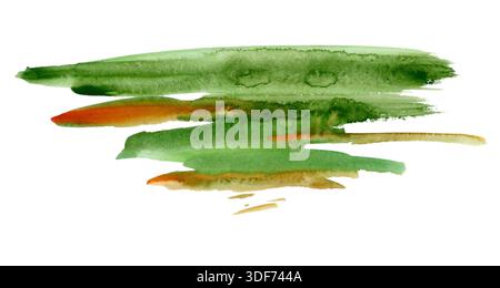 Grüner Pinselstrich, der an Wiesengras, Frühlingslaub oder natürliche Landschaftsstruktur erinnert. Isolierte Illustration, handgezeichnet in Aquarell. Umweltfreundliche Verpackung Stockfoto